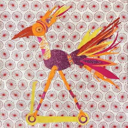 Abstract collage art showing a colorful stork riding a scooter against a dotted background.