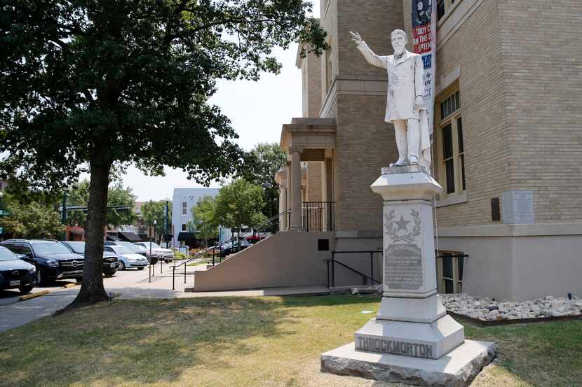 A statue of James W. Throckmorton, a Confederate brigadier general, sits in the McKinney...