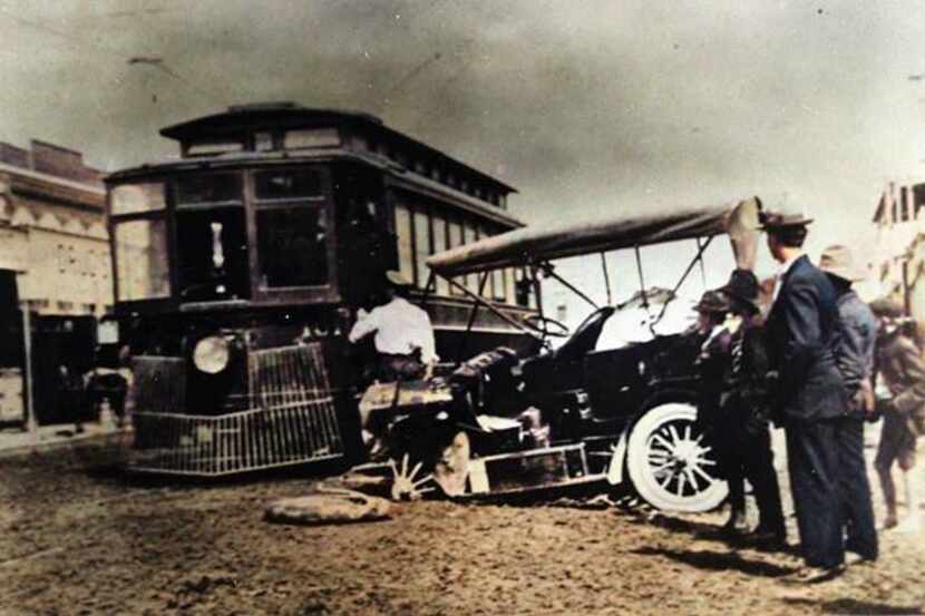 A car and a trolley collided in Dallas' early days. The city was a hazardous place in 1904.