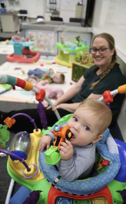 An infant plays with a toy at Endeavor Elementary’s on-site daycare in Nampa, Idaho. Billi...