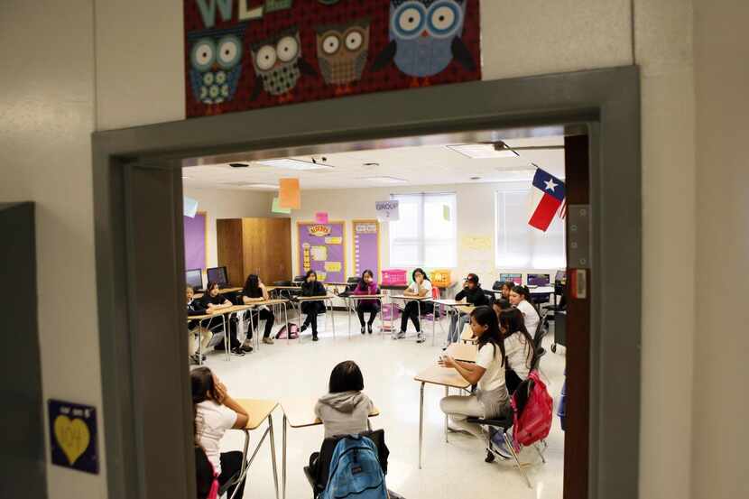 
Students at Medrano Middle School in Dallas take part in restorative discipline, a process...