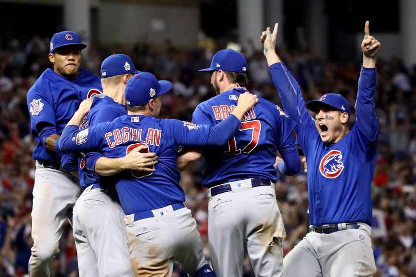 CLEVELAND, OH - NOVEMBER 02:  The Chicago Cubs celebrate after winning 8-7 against the...