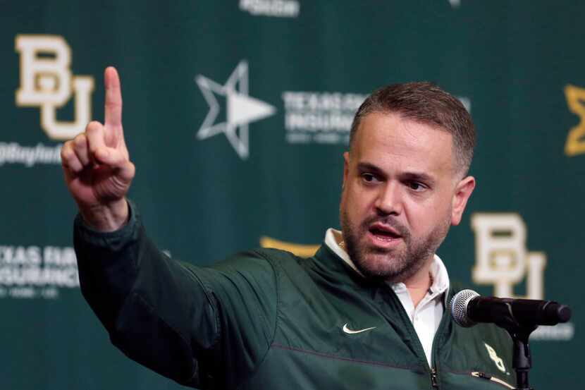 Baylor head football coach Matt Rhule talks with reporters at a NCAA college news conference...