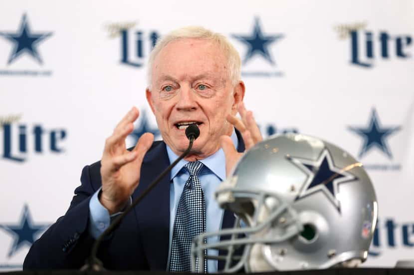 Dallas Cowboys owner and general manager Jerry Jones speaks during a press conference...