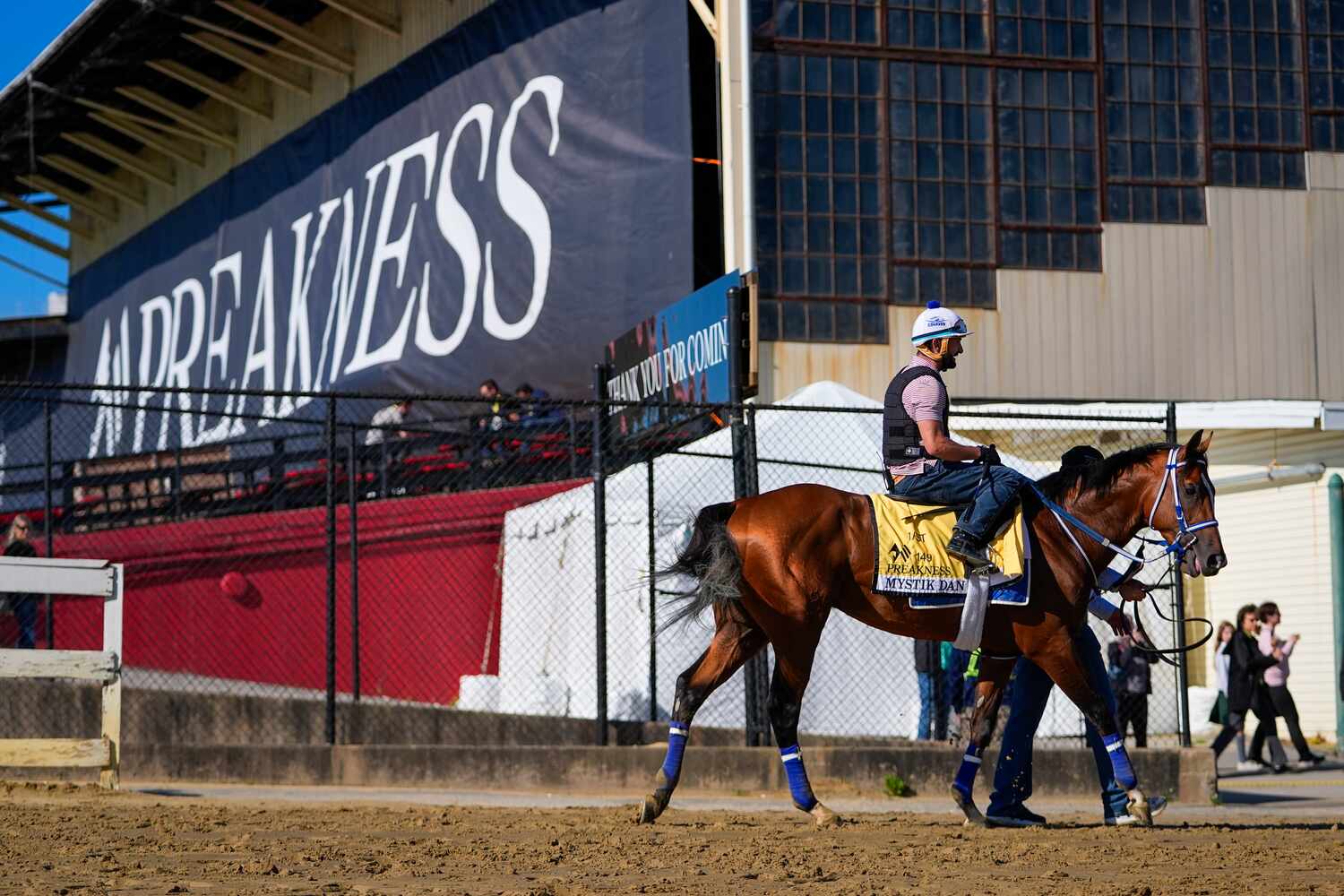 Kentucky Derby winner and Preakness Stakes entrant Mystik Dan leaves the track after a...