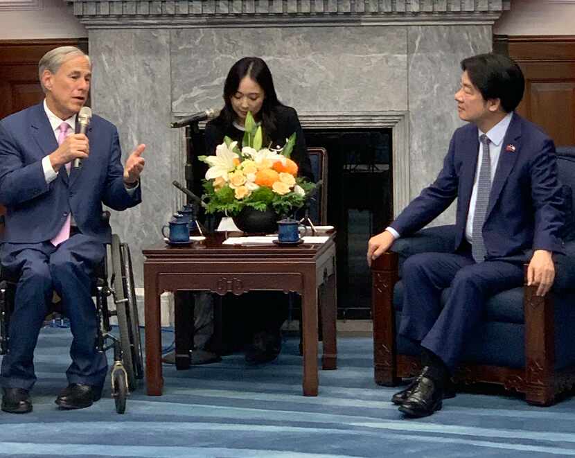 Texas Gov. Greg Abbott meets with Taiwan President Lai Ching-te to discuss bolstering the...