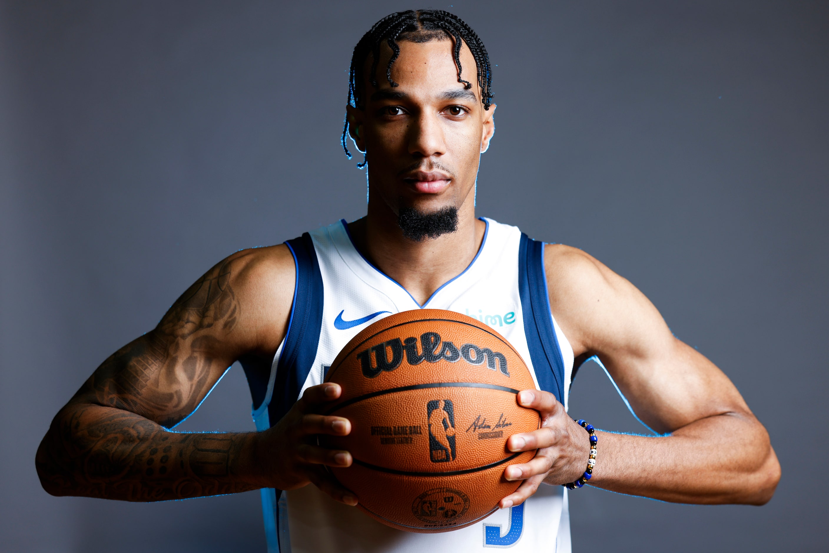 Dallas Mavericks’ A.J. Lawson poses for a photo during the media day on Friday, Sept. 29,...