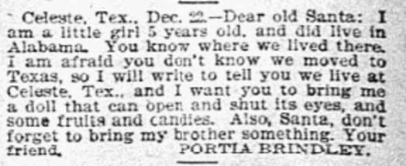 1900: Portia Brindley wanted to make sure Santa knew she lived in Texas now.