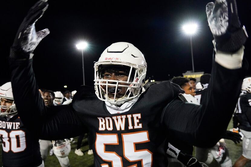 Arlington Bowie offensive lineman Rashid Wasai (55) celebrates after a victory over...