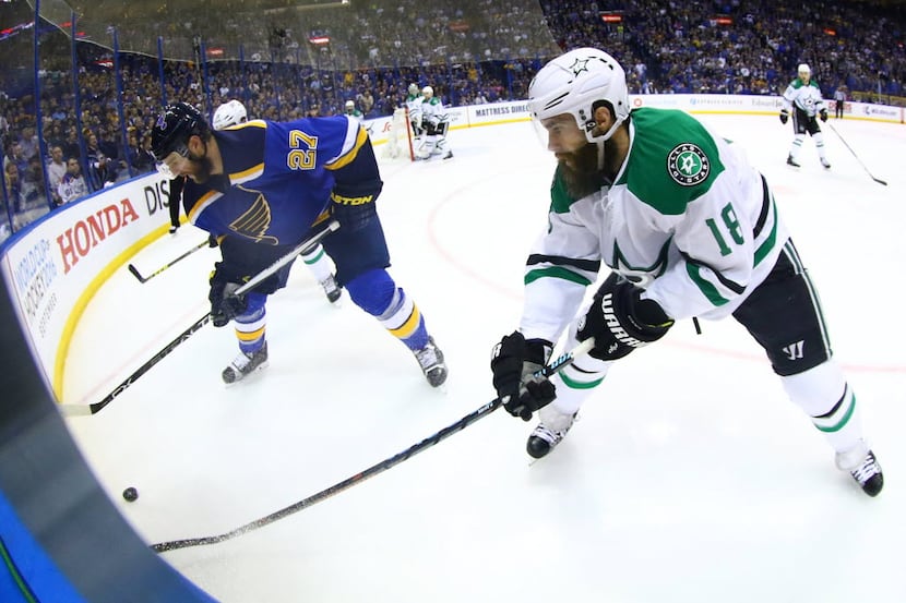 ST. LOUIS, MO - MAY 9: Alex Pietrangelo #27 of the St. Louis Blues and Patrick Eaves #18 of...