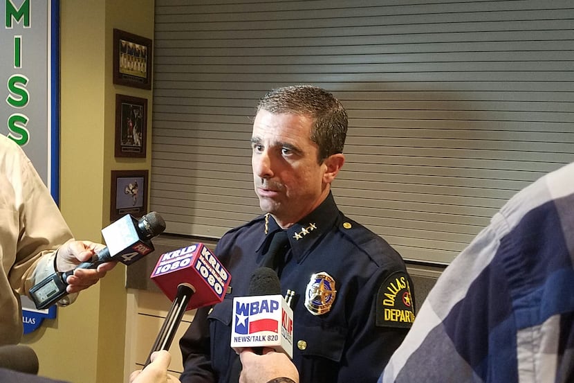 Interim Dallas Police Chief David Pughes spoke with reporters at Dallas' National Night Out...