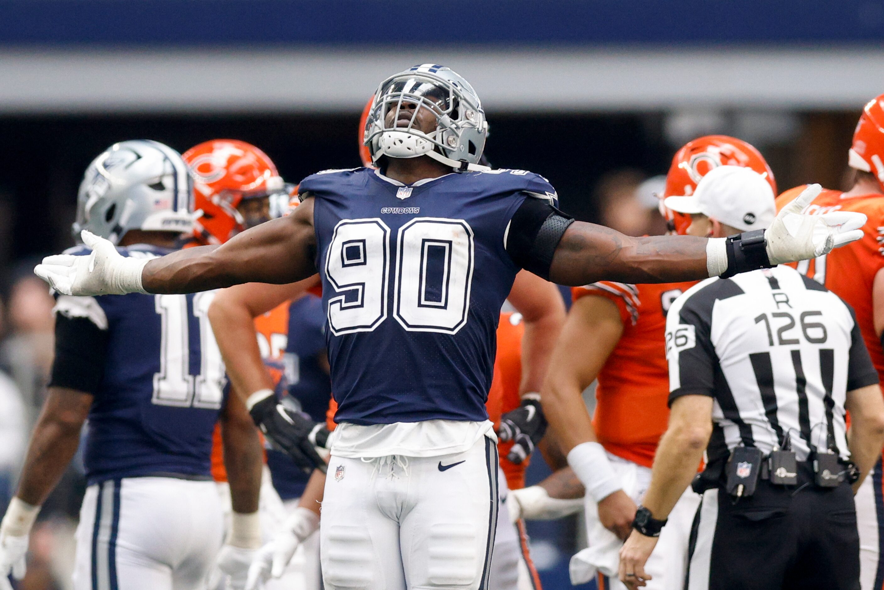 Dallas Cowboys defensive end DeMarcus Lawrence (90) celebrates after a sack during the...