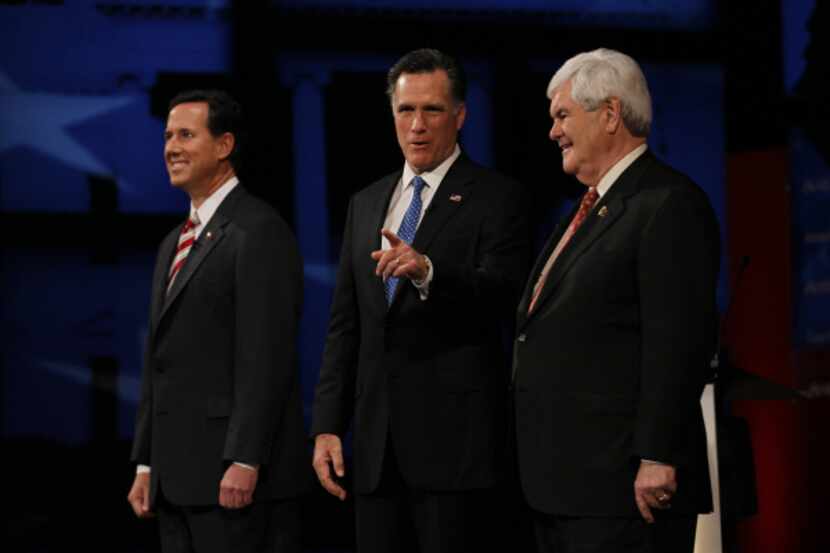 Republican presidential candidates Rick Santorum, Mitt Romney and Newt Gingrich have...