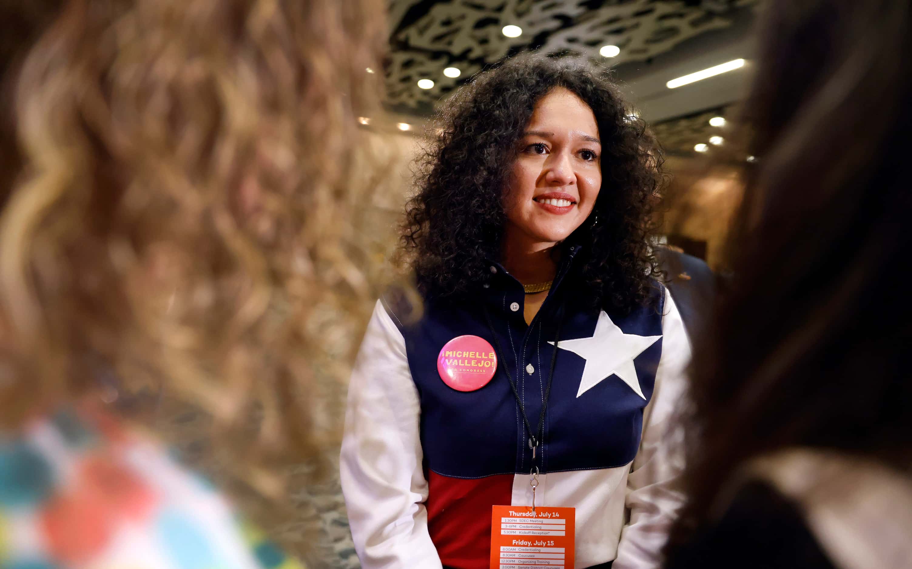U.S. House Texas District 15 candidate Michelle Vallejo visits with delegates following the...