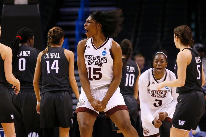 Mississippi State center Teaira McCowan (15) celebrates during the second half of a regional...