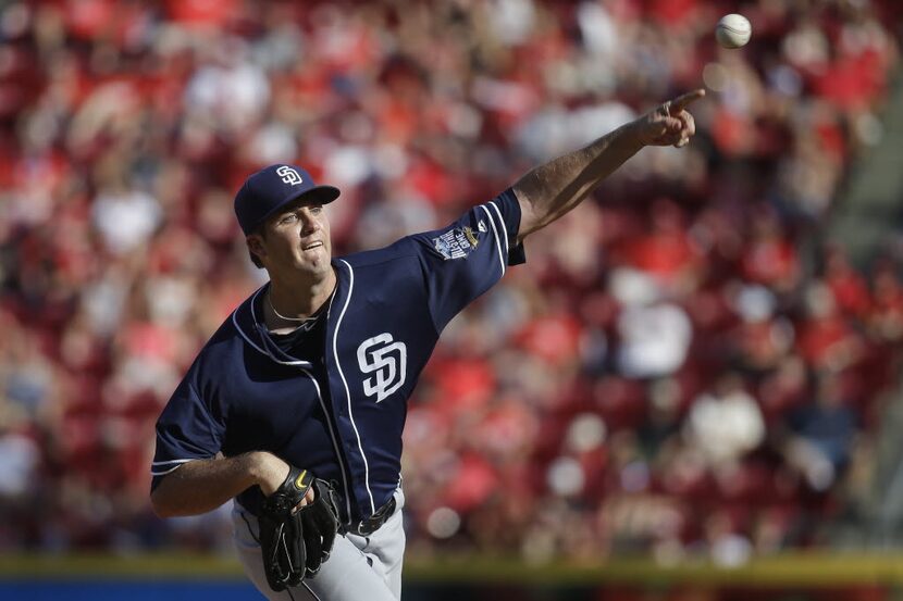 San Diego Padres starting pitcher Drew Pomeranz throws in the seventh inning of a baseball...