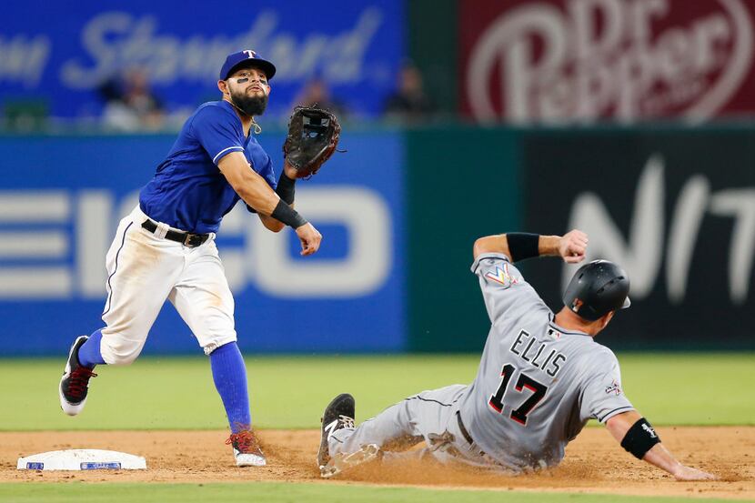 Texas Rangers second baseman Rougned Odor (12) turns the front end of a double play getting...