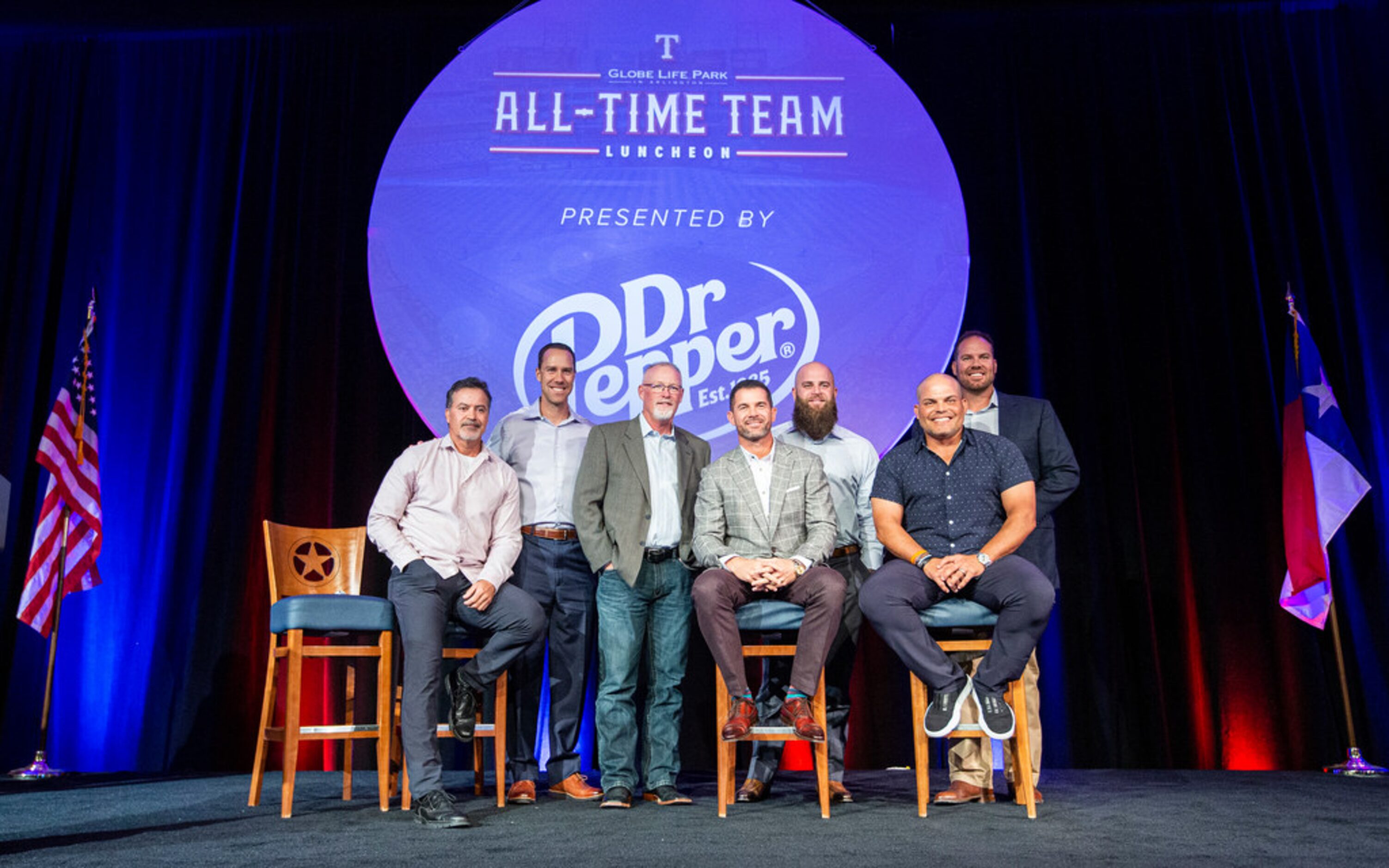 Former Texas RangersÃ pose for a photo during the Texas Rangers all-time team luncheon at...