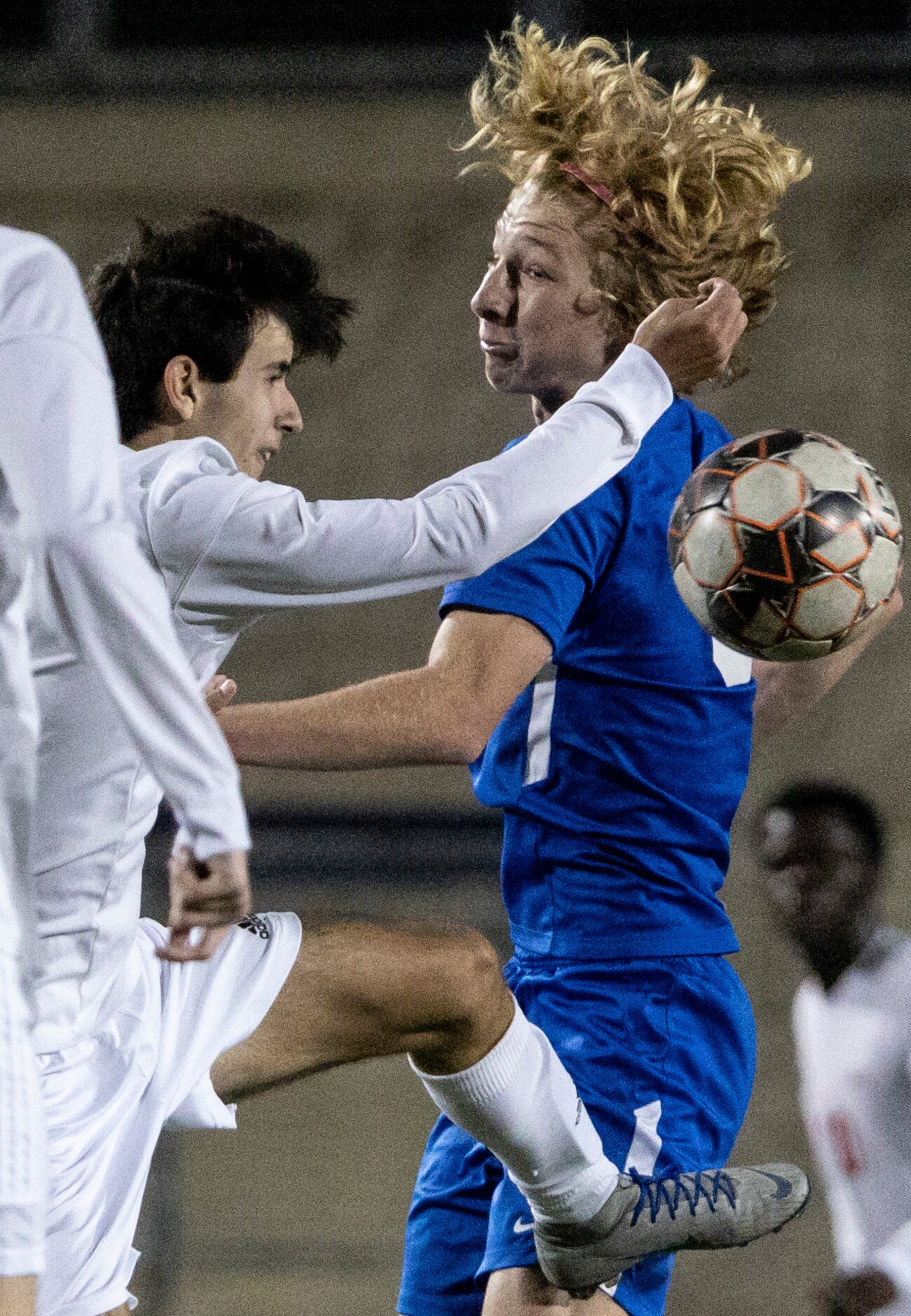 Lake Highlands High School Drew Tischer kicks the ball past  Allen High School Evan...