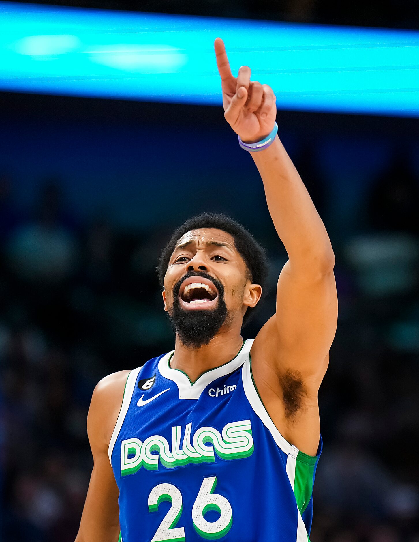 Dallas Mavericks guard Spencer Dinwiddie (26) calls in a play to his teammates during the...