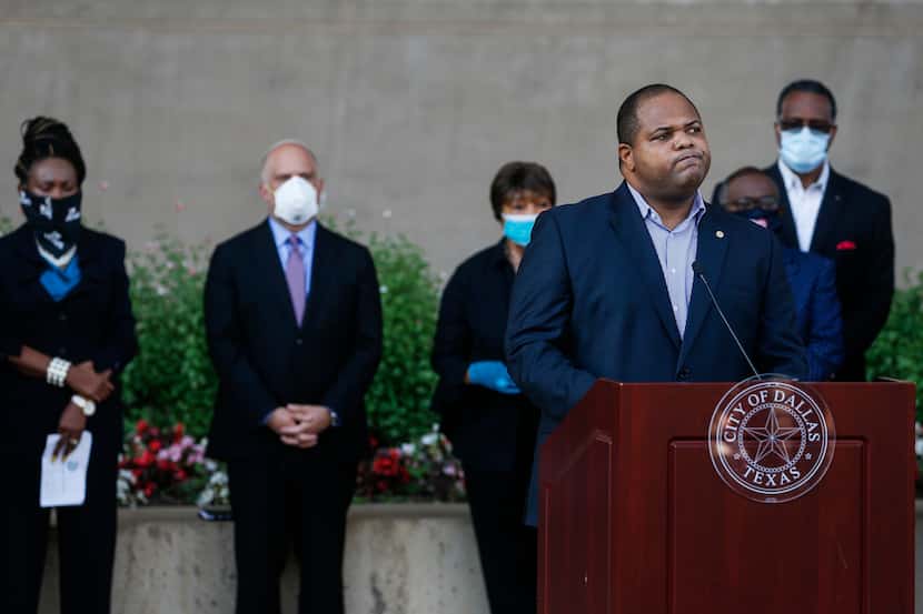 Dallas Mayor Eric Johnson speaks during a memorial  for George Floyd at City Hall in June.