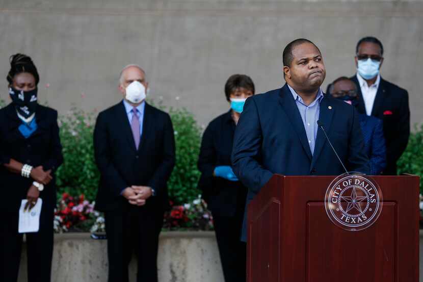Dallas Mayor Eric Johnson speaks during a memorial for George Floyd at City Hall. His budget...