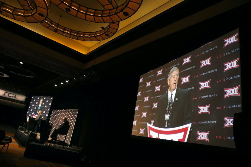 Big XII Commissioner Bob Bowlsby addresses the media assembled for the Big 12 Conference...