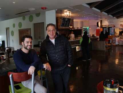 Developers Jonathan Tobolowsky and Mark Brezinski pose at Uptown Urban Market in Dallas,...
