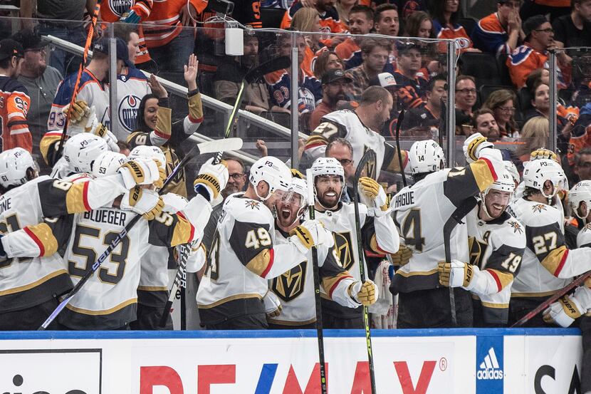 Vegas Golden Knights celebrate their win over the Edmonton Oilers in Game 6 of an NHL...