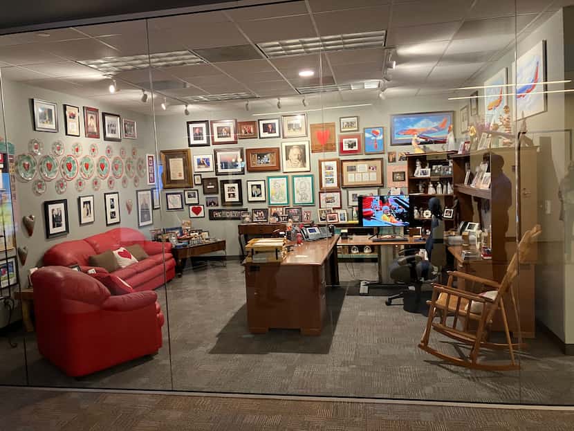 Colleen Barrett's preserved office at Southwest Airlines headquarters in Dallas, next to a...