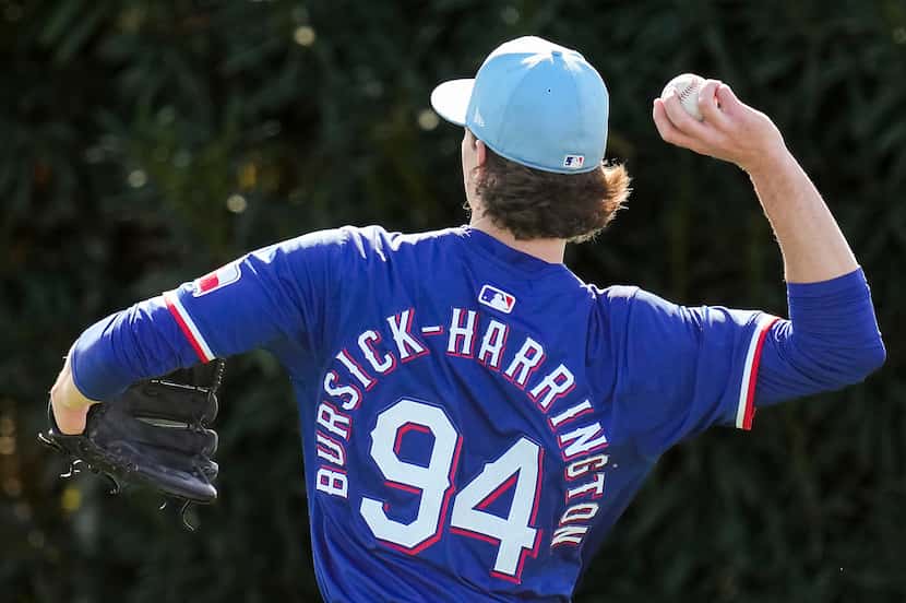 Texas Rangers minor league pitcher Logan Bursick-Harrington participates a spring training...