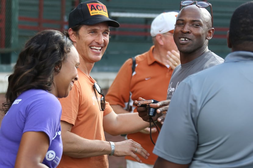 Actor Matthew McConaughey shares a laugh with area teachers after a talk promoting the Just...