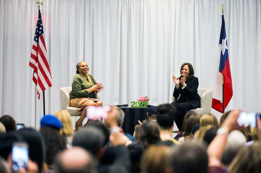  Sen. Kamala Harris (right) spoke with  Deborah Peoples, the Tarrant County Democratic Party...