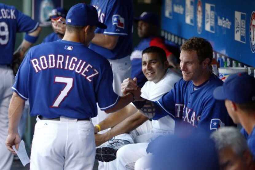 ORG XMIT: *S19787869* (Taken 08-18-09) --- Texas Rangers catcher Ivan "Pudge" Rodriguez and...