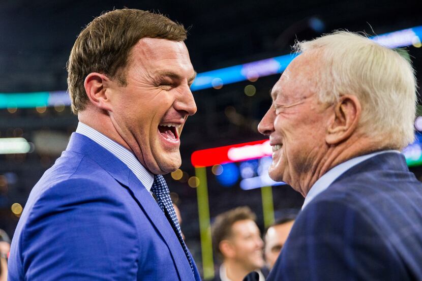 FILE - Jason Witten laughs with Cowboys owner Jerry Jones before a game between the Cowboys...