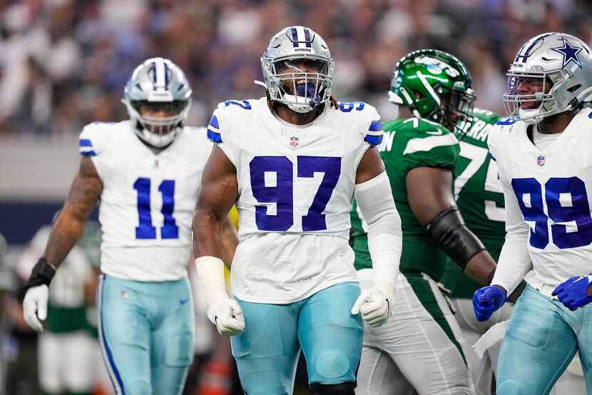 Dallas Cowboys defensive tackle Osa Odighizuwa celebrates after a sack against the New York...