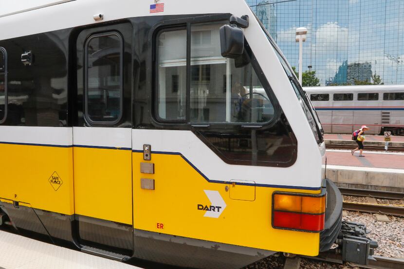 A DART Rail Red Line train pulls into Union Station in downtown Dallas.