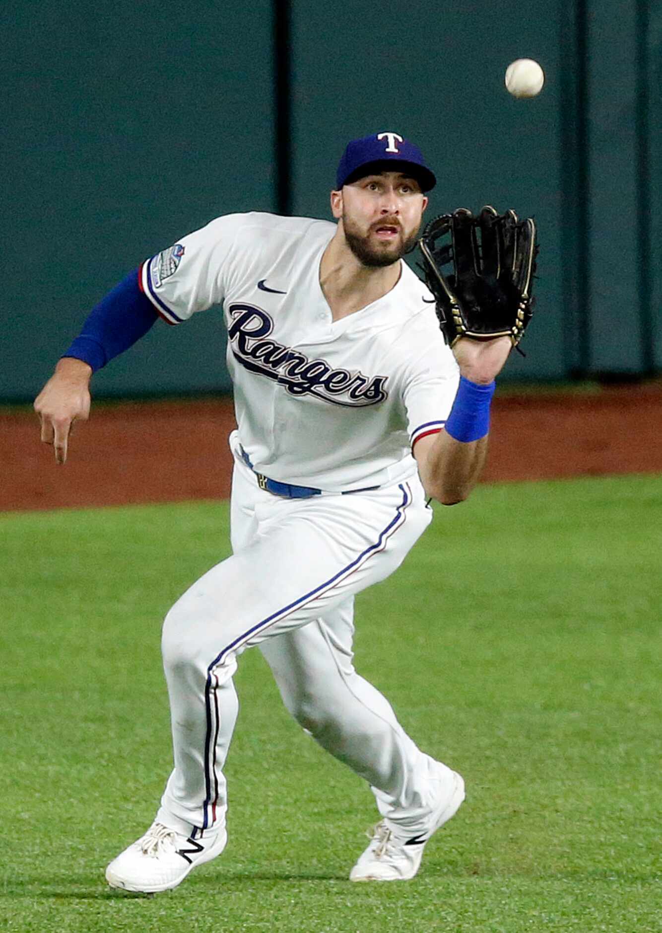 Texas Rangers right fielder Joey Gallo (13) catches a fly ball hit by Arizona Diamondbacks...