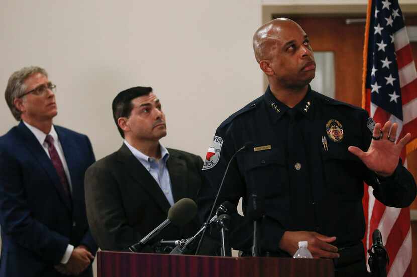 Denton Mayor Chris Watts, left, and City Manager Todd Hileman, center, and Police Chief...