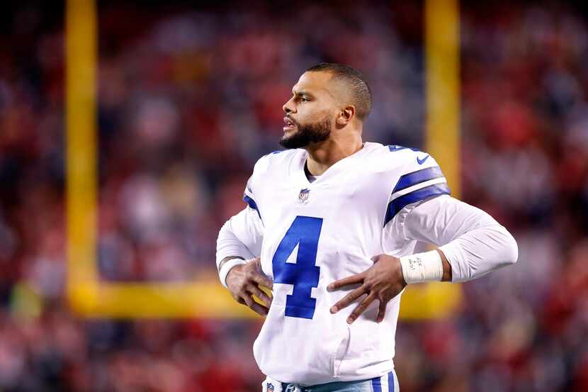 Dallas Cowboys quarterback Dak Prescott (4) watches the defense face the Kansas City Chiefs...