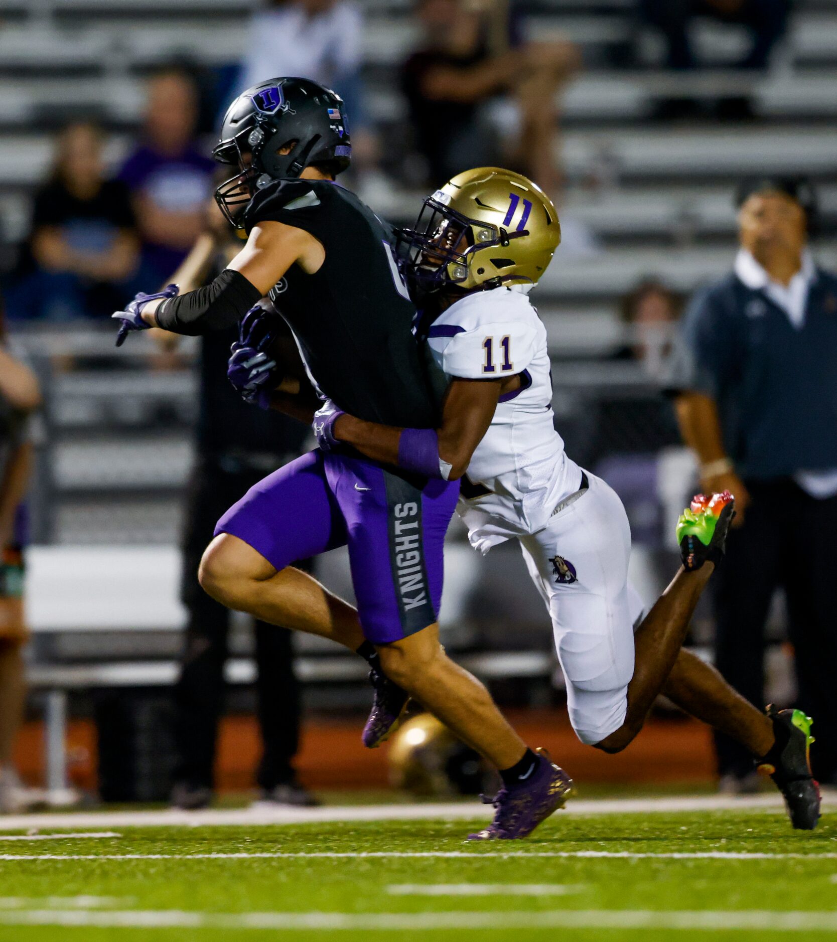 Denton’s strong safety Eddie Haley (11) tackles Frisco Independence’s wide receiver Landon...