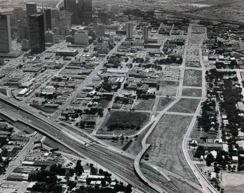 A 1976 aerial photograph shows the section of Dallas where Woodall Rodgers Freeway was to be...