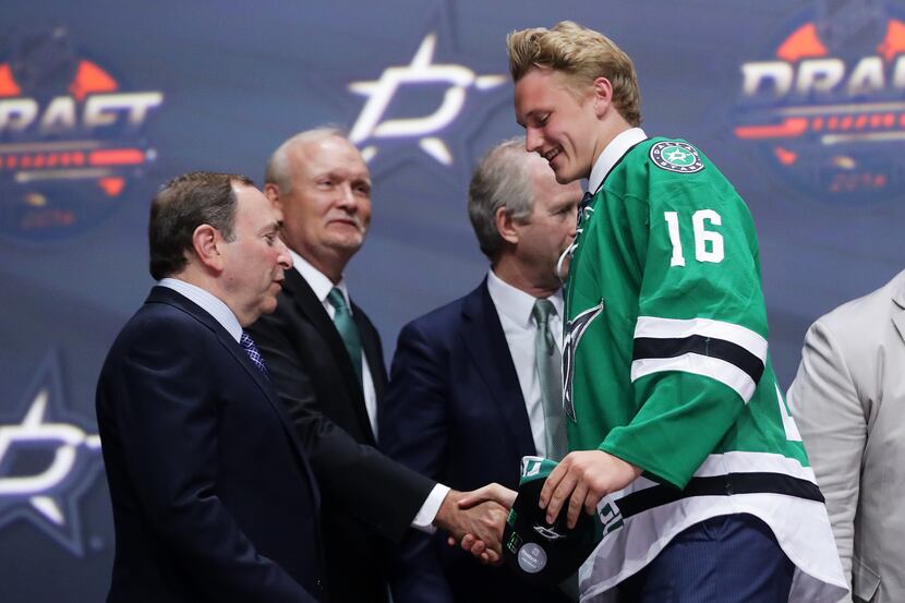 BUFFALO, NY - JUNE 24:  Riley Tufte celebrates with the Dallas Stars after being selected...
