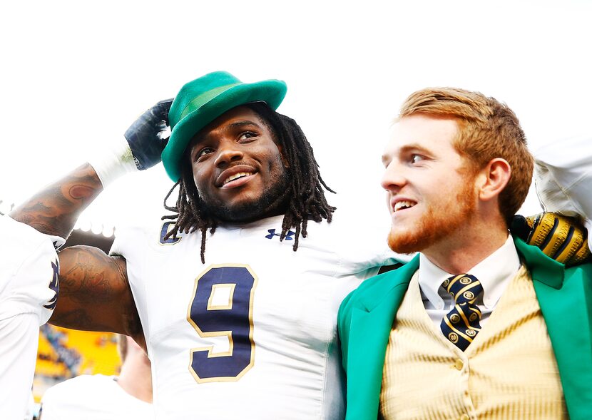 PITTSBURGH, PA - NOVEMBER 07:  Jaylon Smith #9 of the Notre Dame Fighting Irish celebrates...