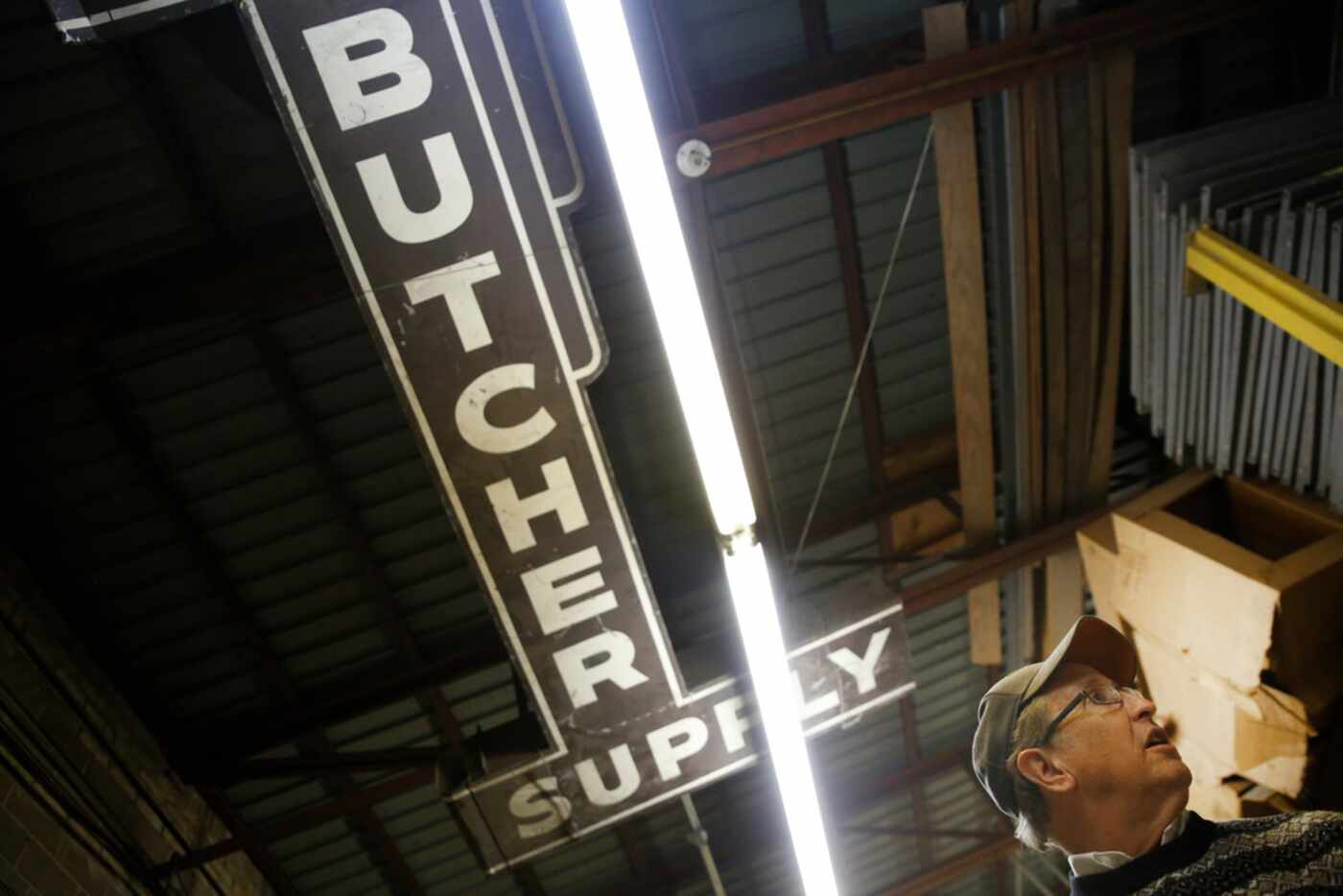 The sign hanging in the back warehouse used to adorn the Texas Butcher Supply storefront...