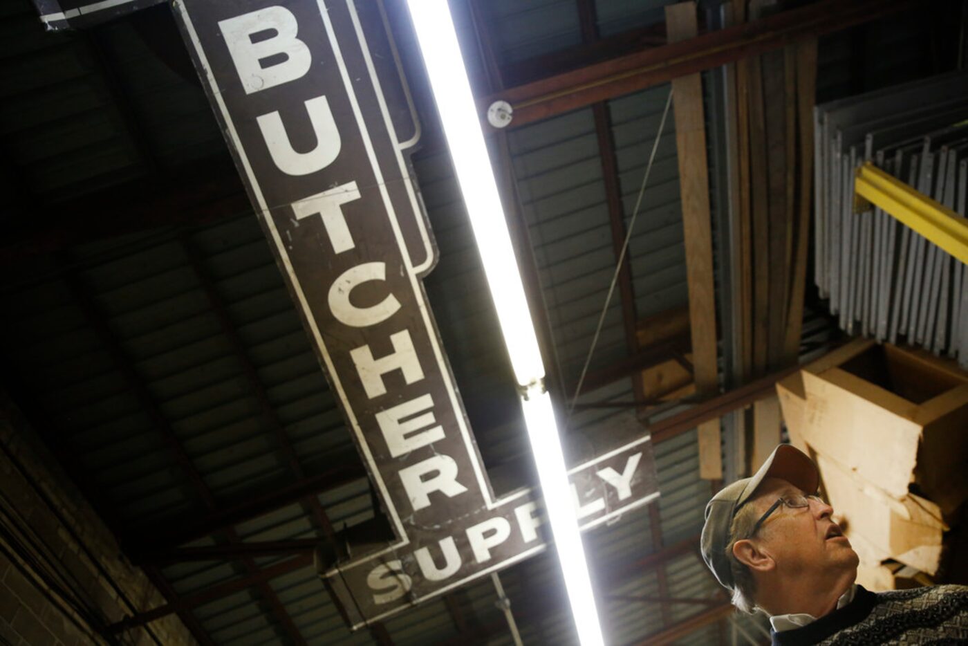 The sign hanging in the back warehouse used to adorn the Texas Butcher Supply storefront...