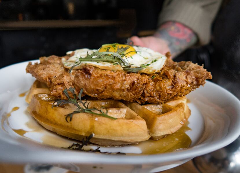 Chicken and Waffles with Smoked Bourbon Maple Syrup at 18th and Vine in Dallas.