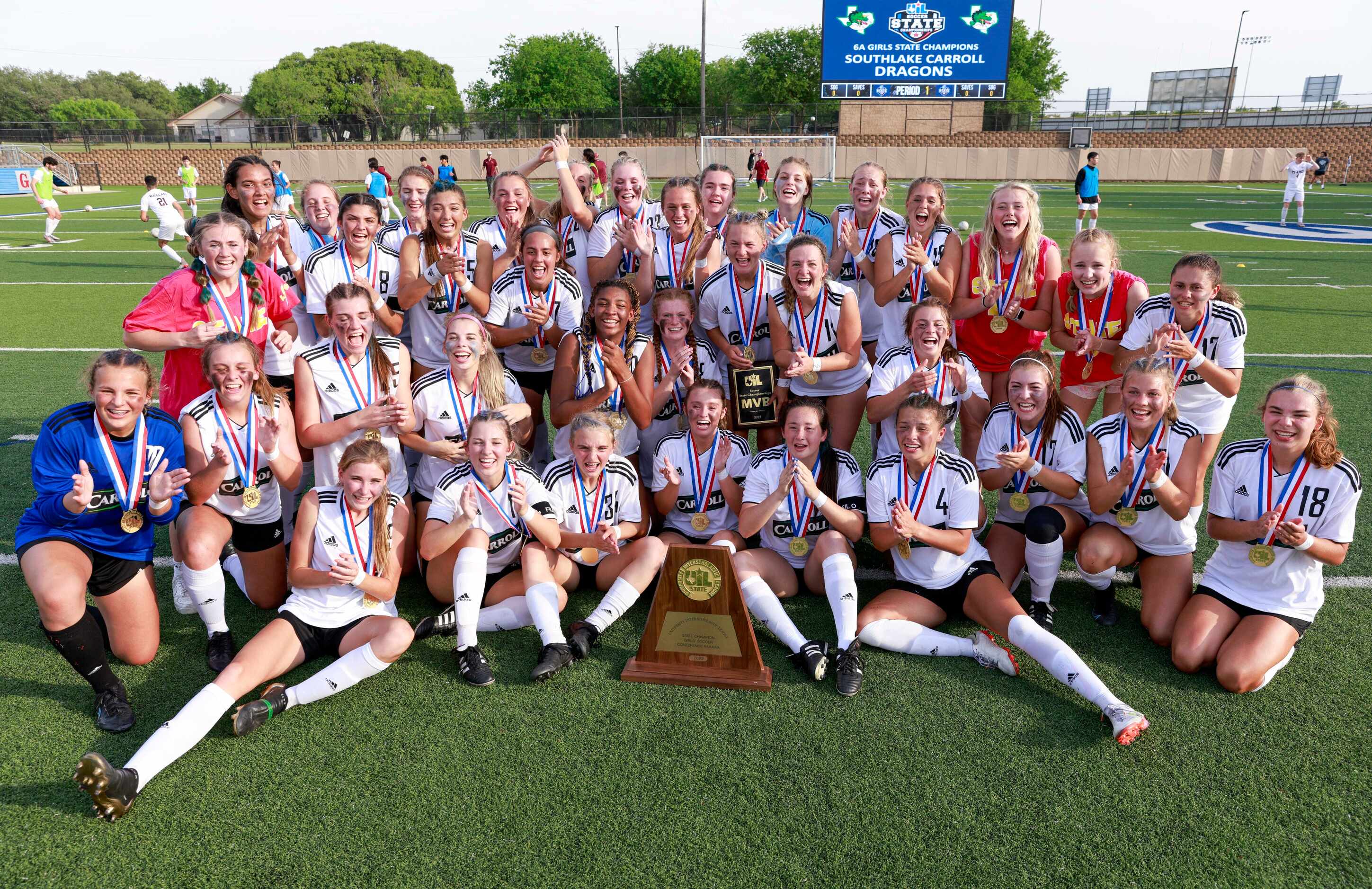 Southlake Carroll chants after winning the Class 6A girls soccer state championship at...