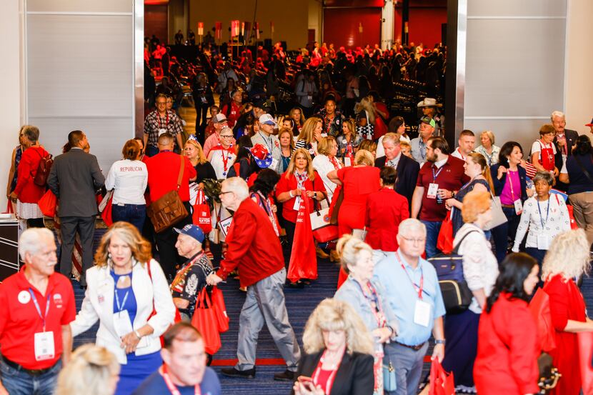 Attendees at the exhibit hall at the 2022 Republican Party of Texas State Convention at the...