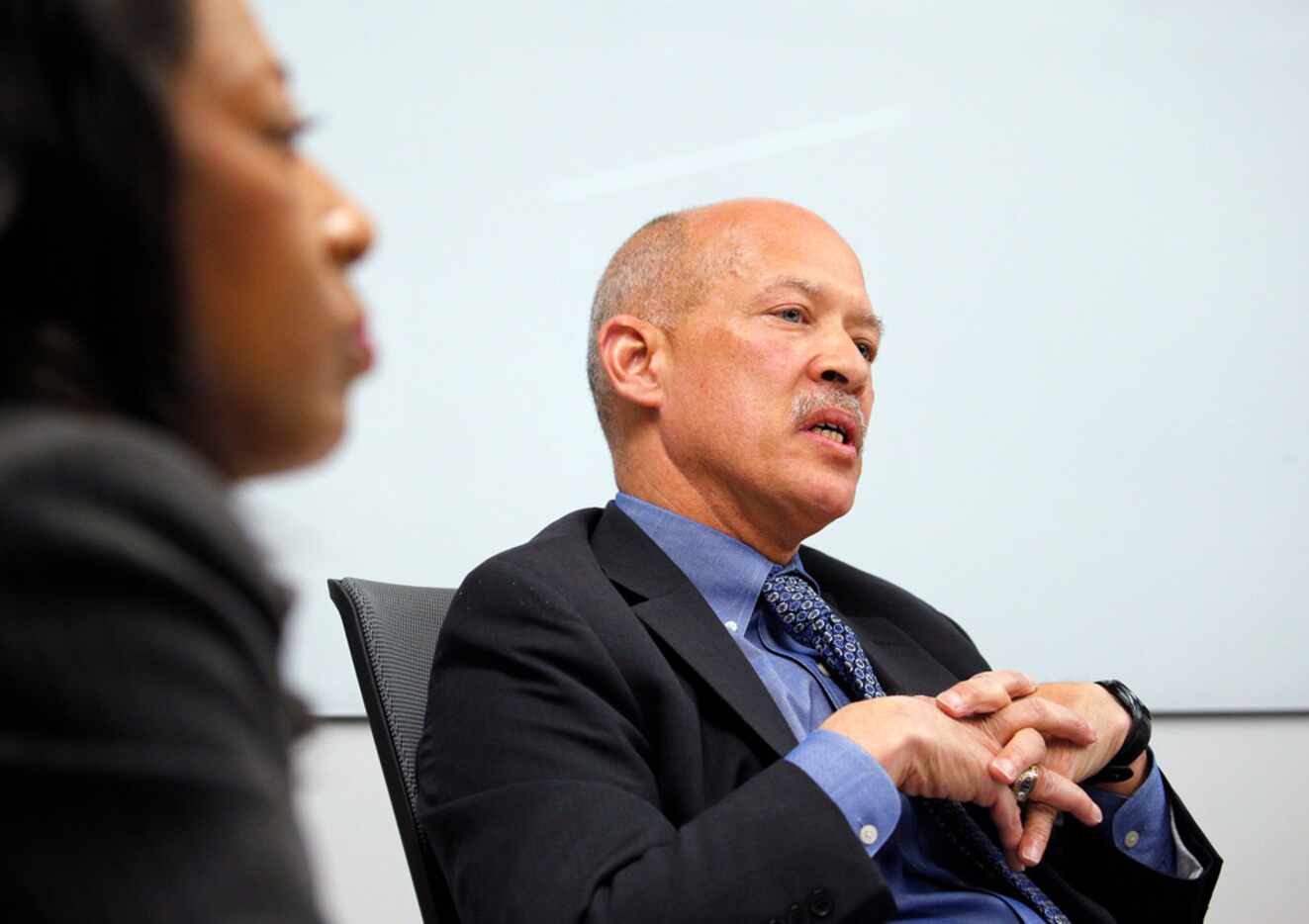 Judge John Creuzot answers questions at an editorial board meeting at The Dallas Morning...